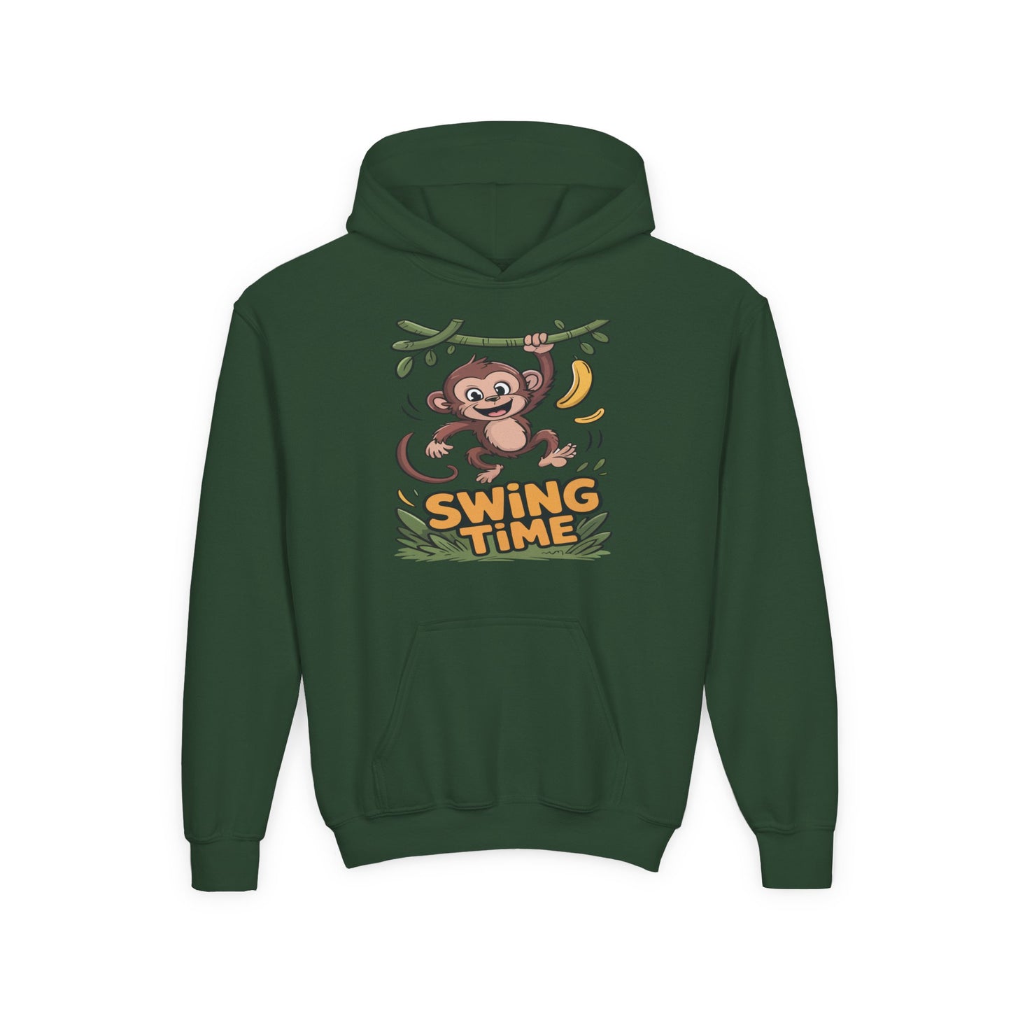 Kids hoodie with a playful monkey swinging from a branch and jungle theme design