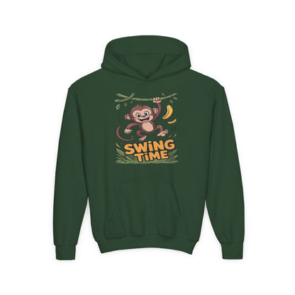 Kids hoodie with a playful monkey swinging from a branch and jungle theme design