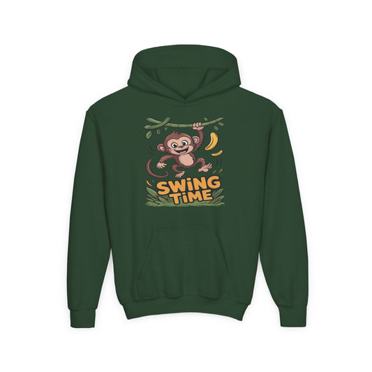 Kids hoodie with a playful monkey swinging from a branch and jungle theme design