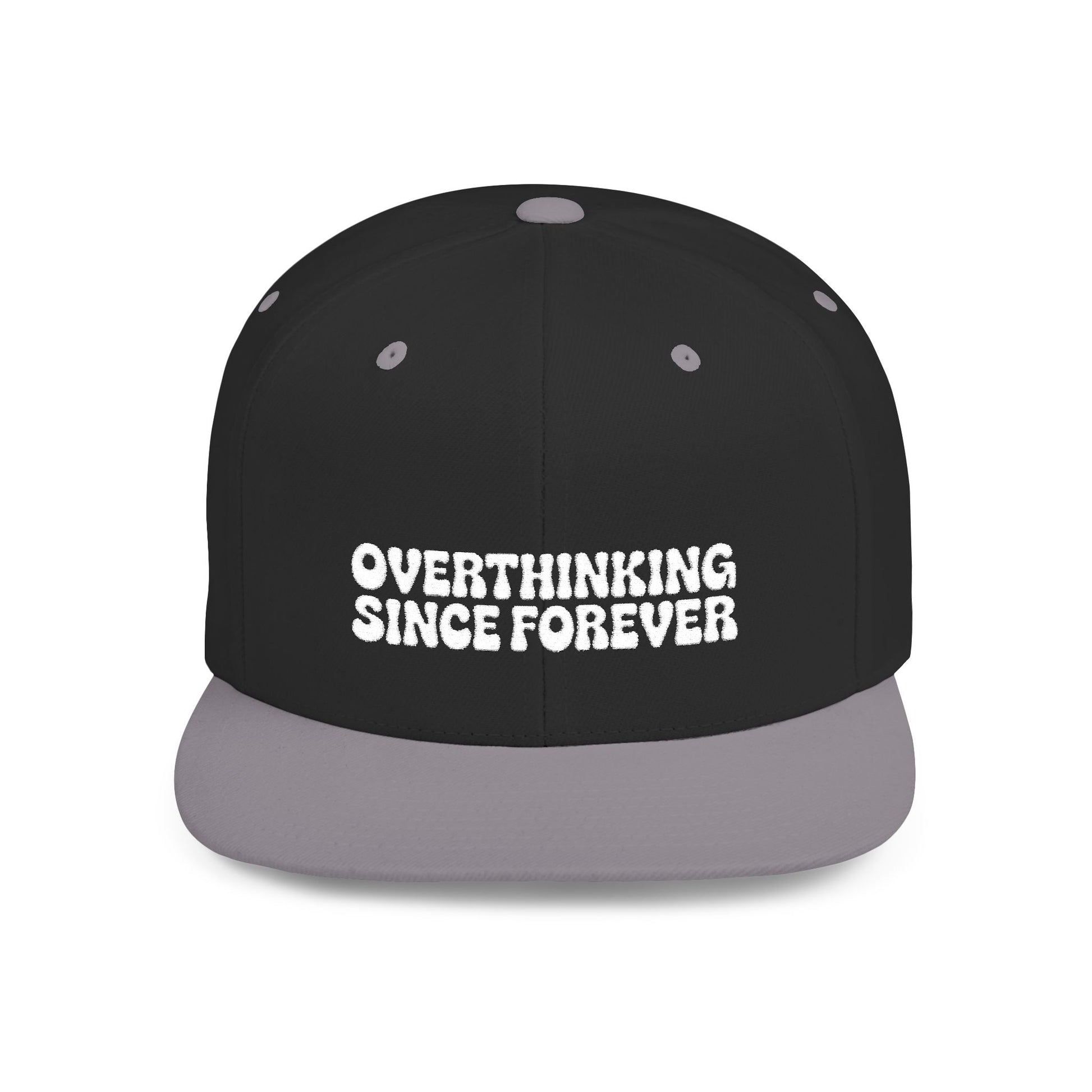 Black cap with 'OVERTHINKING SINCE FOREVER' text on a white background