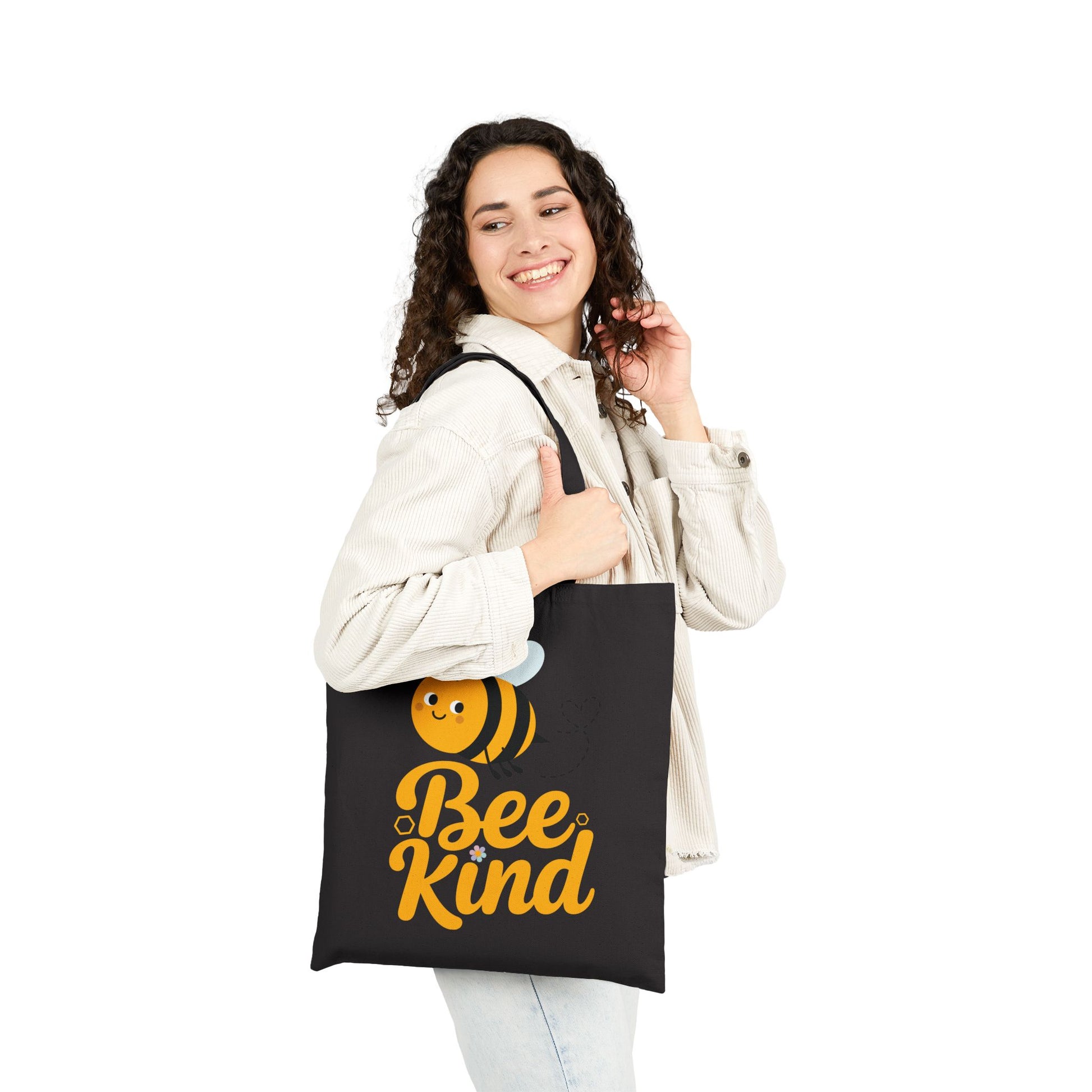 Adorable Bee Kind message with smiling bee artwork on a TEEZOCA tote bag