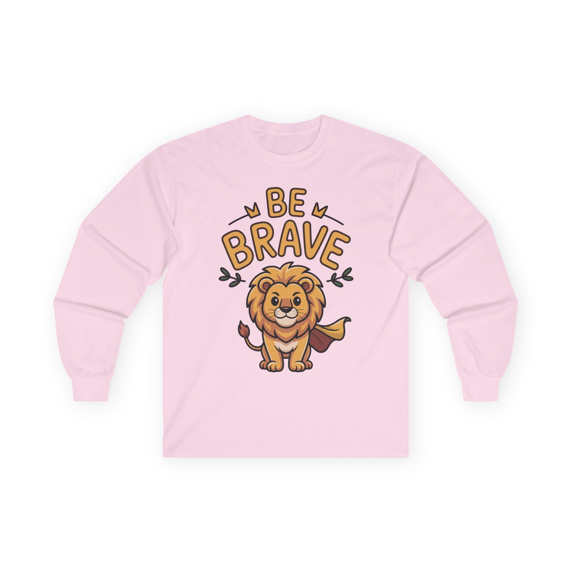  Be Brave long sleeve tee featuring cute cartoon lion with superhero cape and inspiring text. On Pink  
long-sleeve shirt