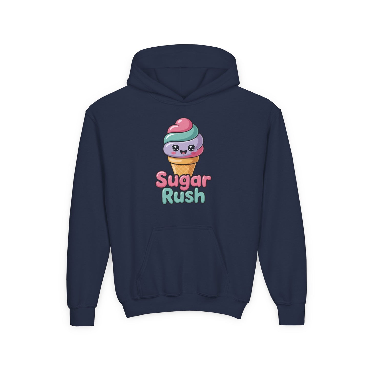 Youth hoodie with adorable ice cream cone and Sugar Rush text TEEZOCA