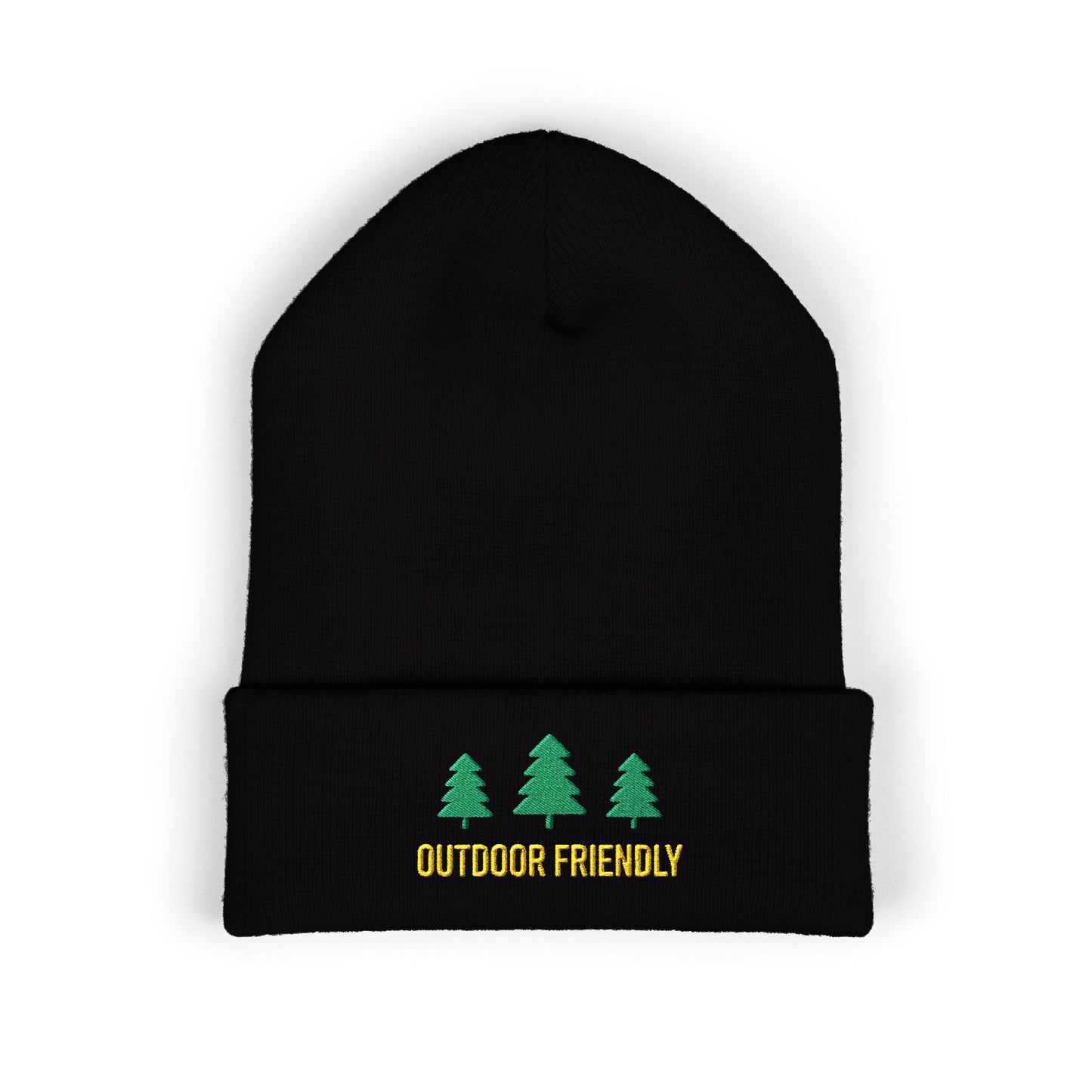 Black beanie with green trees and 'Outdoor Friendly' text on a white background