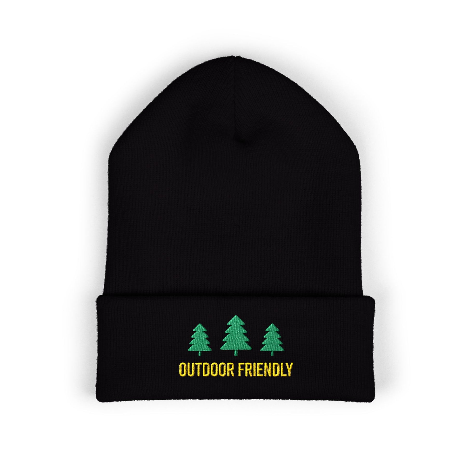 Black beanie with green trees and 'Outdoor Friendly' text on a white background