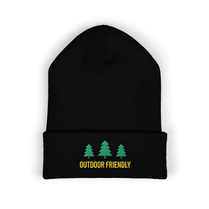 Black beanie with green trees and 'Outdoor Friendly' text on a white background