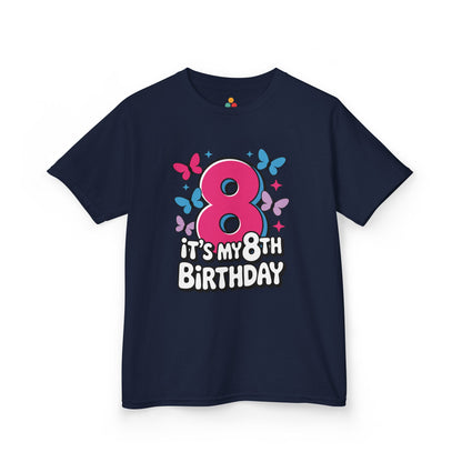 “Navy blue ‘It’s My 8th Birthday’ shirt featuring bright pink 8 and butterflies, flat display.”
