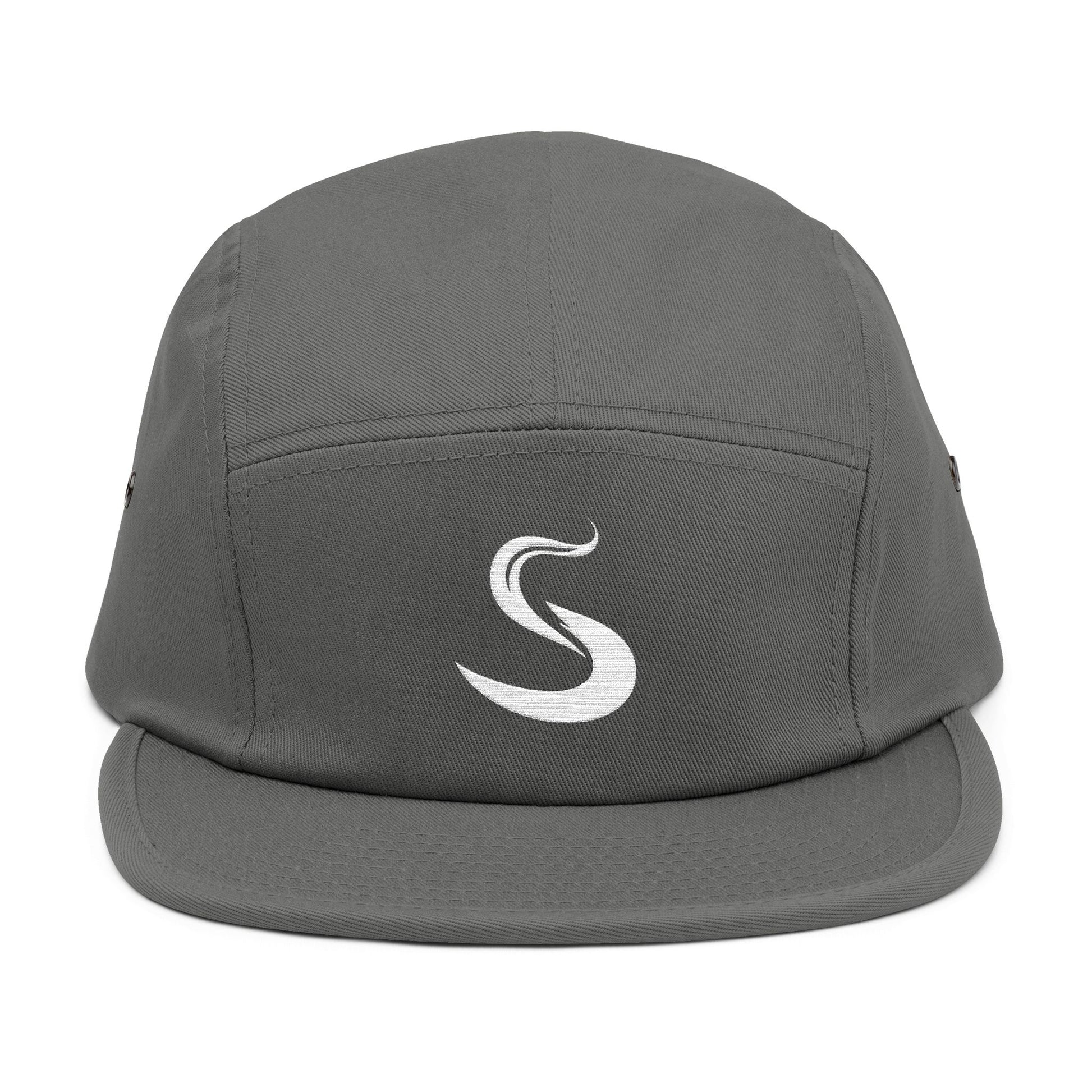 Gray cap with a white logo on a white background. Minimalist S-shaped steam swirl embroidery design in bold white stitched on a 5-panel cap by TEEZOCA