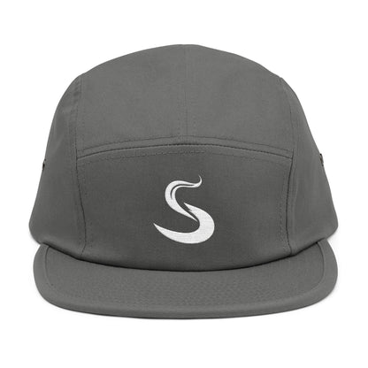 Gray cap with a white logo on a white background. Minimalist S-shaped steam swirl embroidery design in bold white stitched on a 5-panel cap by TEEZOCA