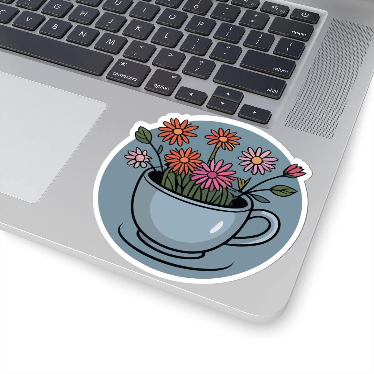 TEEZOCA cozy floral tea cup sticker with colorful daisy flowers and cottagecore aesthetic