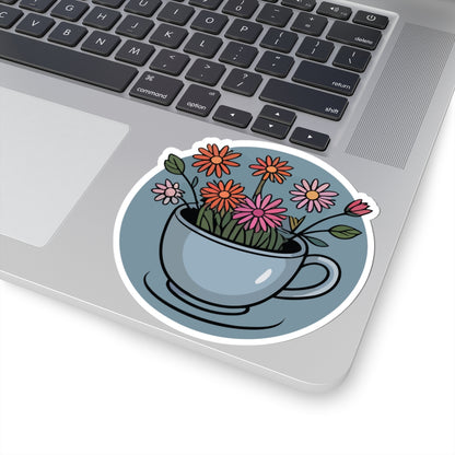 TEEZOCA cozy floral tea cup sticker with colorful daisy flowers and cottagecore aesthetic