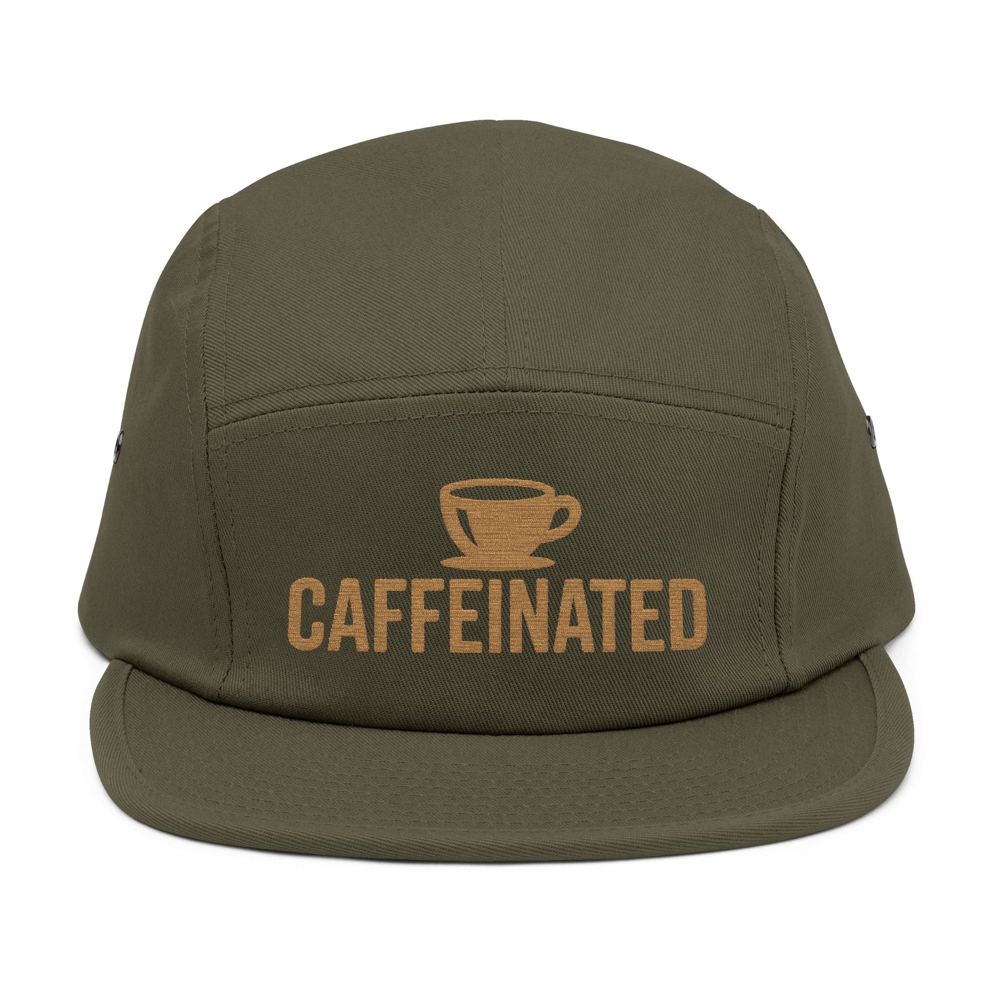 Green cap with 'CAFFEINATED' text and coffee cup graphic on a white background. Caffeinated coffee cup icon embroidered design on five-panel cap. TEEZOCA