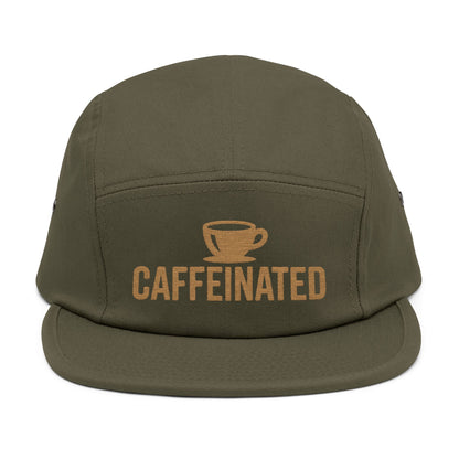 Green cap with 'CAFFEINATED' text and coffee cup graphic on a white background. Caffeinated coffee cup icon embroidered design on five-panel cap. TEEZOCA