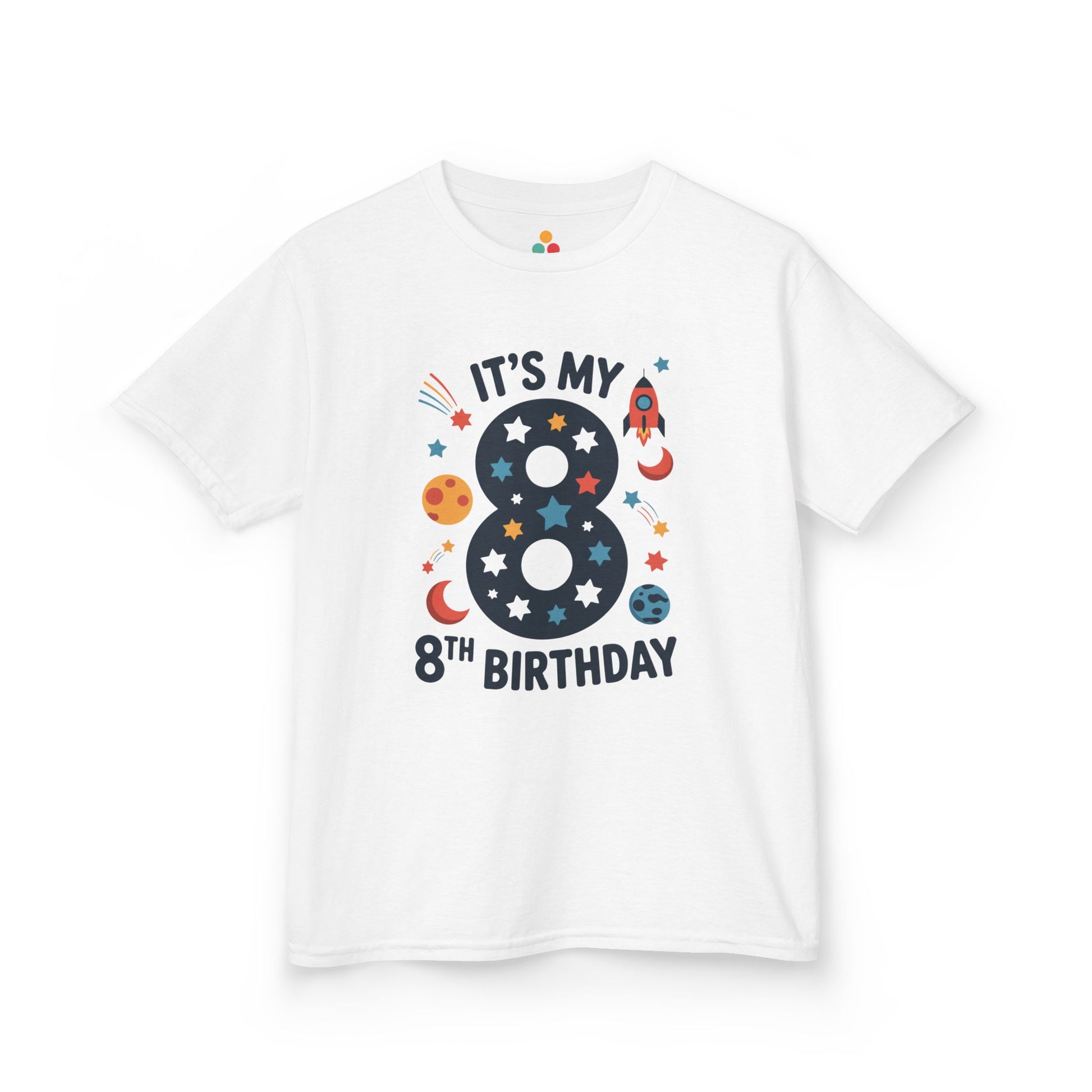 “White ‘It’s My 8th Birthday’ t‑shirt with star‑filled number 8, rocket, planets, and moons, kids space birthday design, flat front view.”


