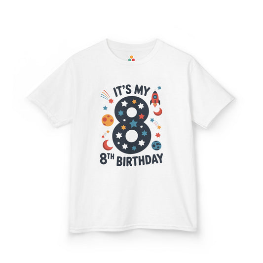 “White ‘It’s My 8th Birthday’ t‑shirt with star‑filled number 8, rocket, planets, and moons, kids space birthday design, flat front view.”

