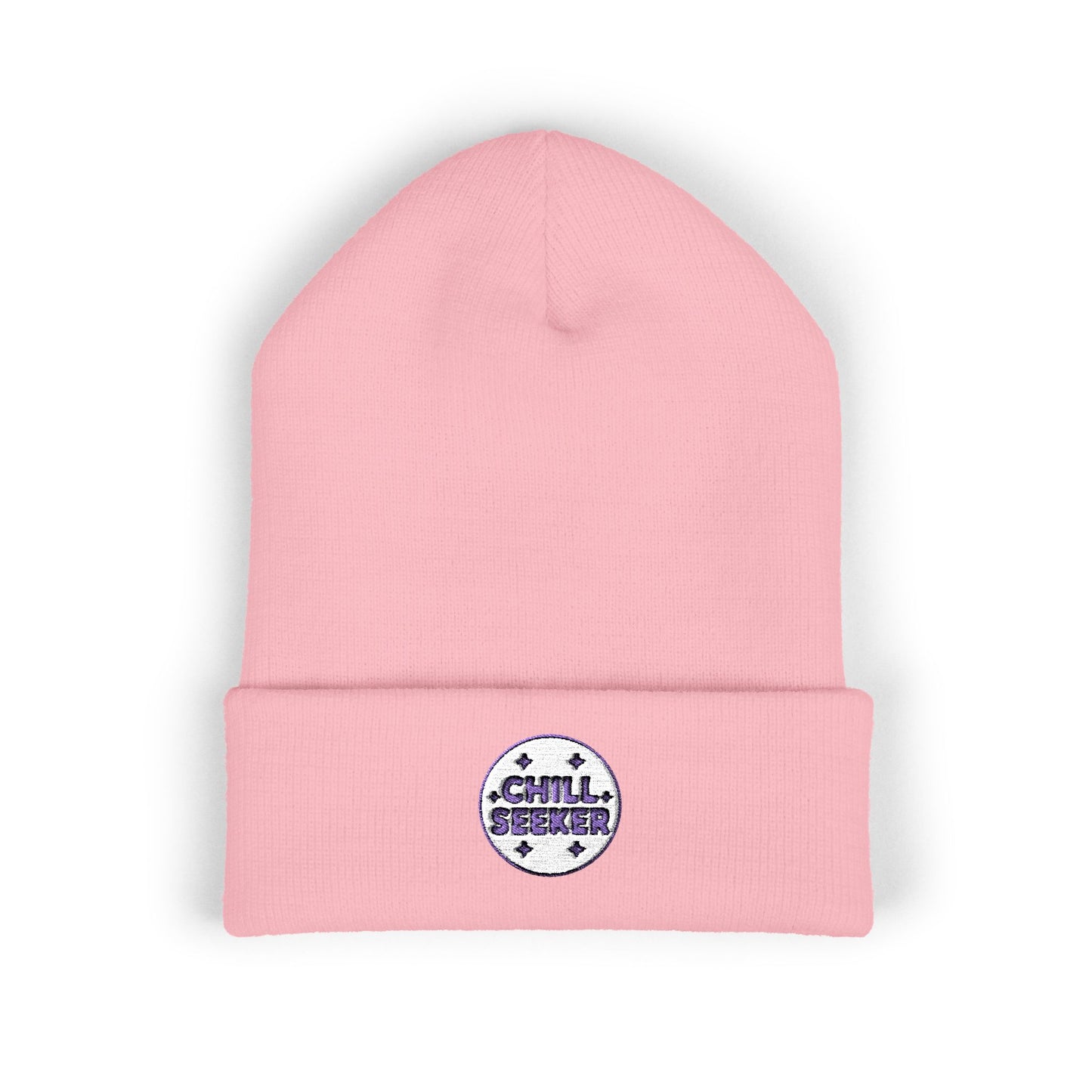 Pink beanie with 'Chill Seeker' logo on a white background
