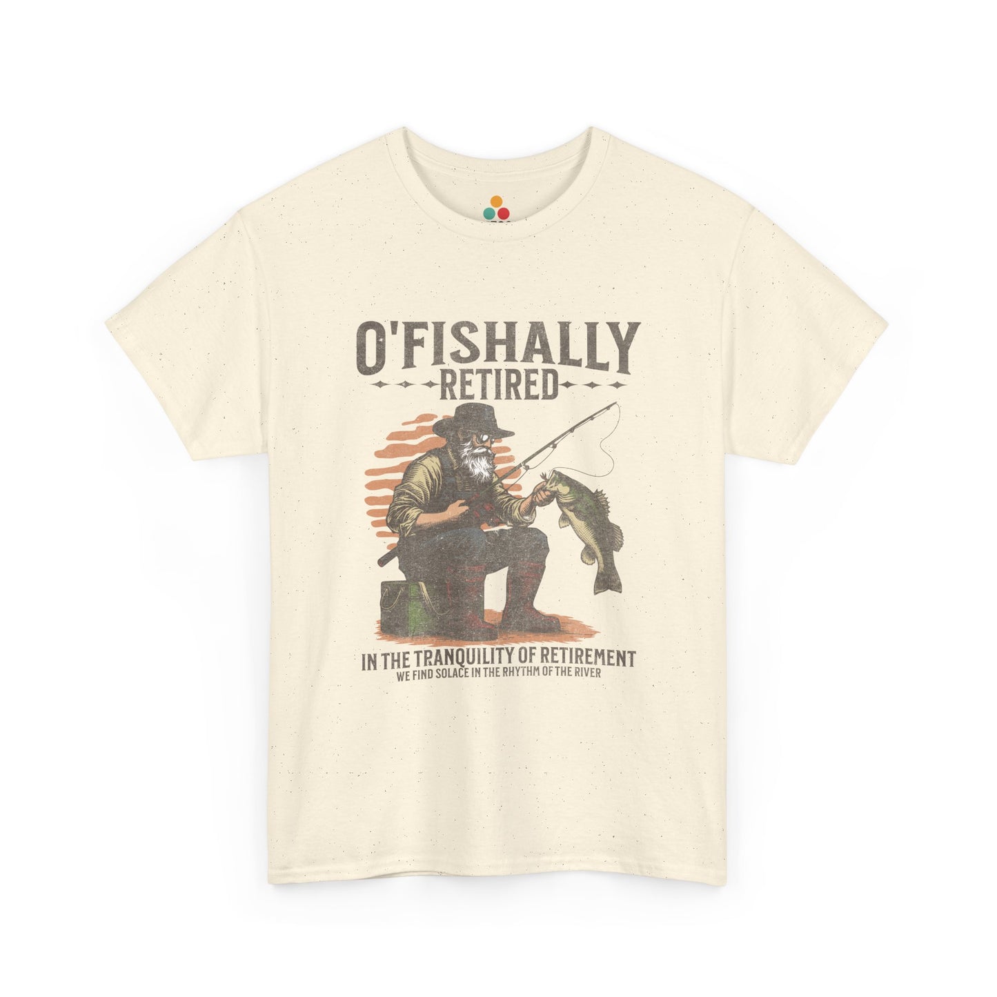 “Teezoca Biege O’Fishally Retired shirt, vintage fisherman illustration and bass catch, funny retirement fishing tee, front”

