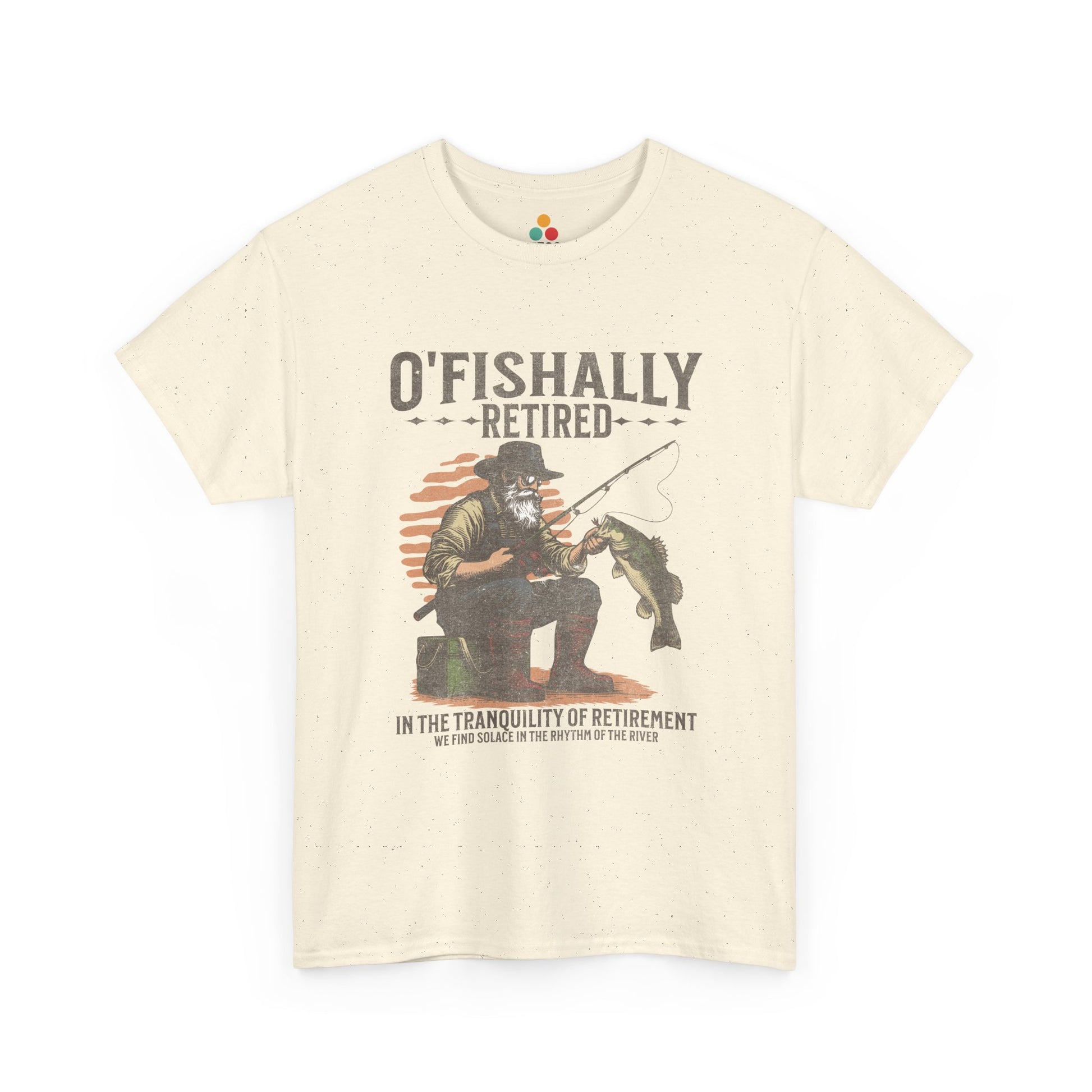 “Teezoca Biege O’Fishally Retired shirt, vintage fisherman illustration and bass catch, funny retirement fishing tee, front”

