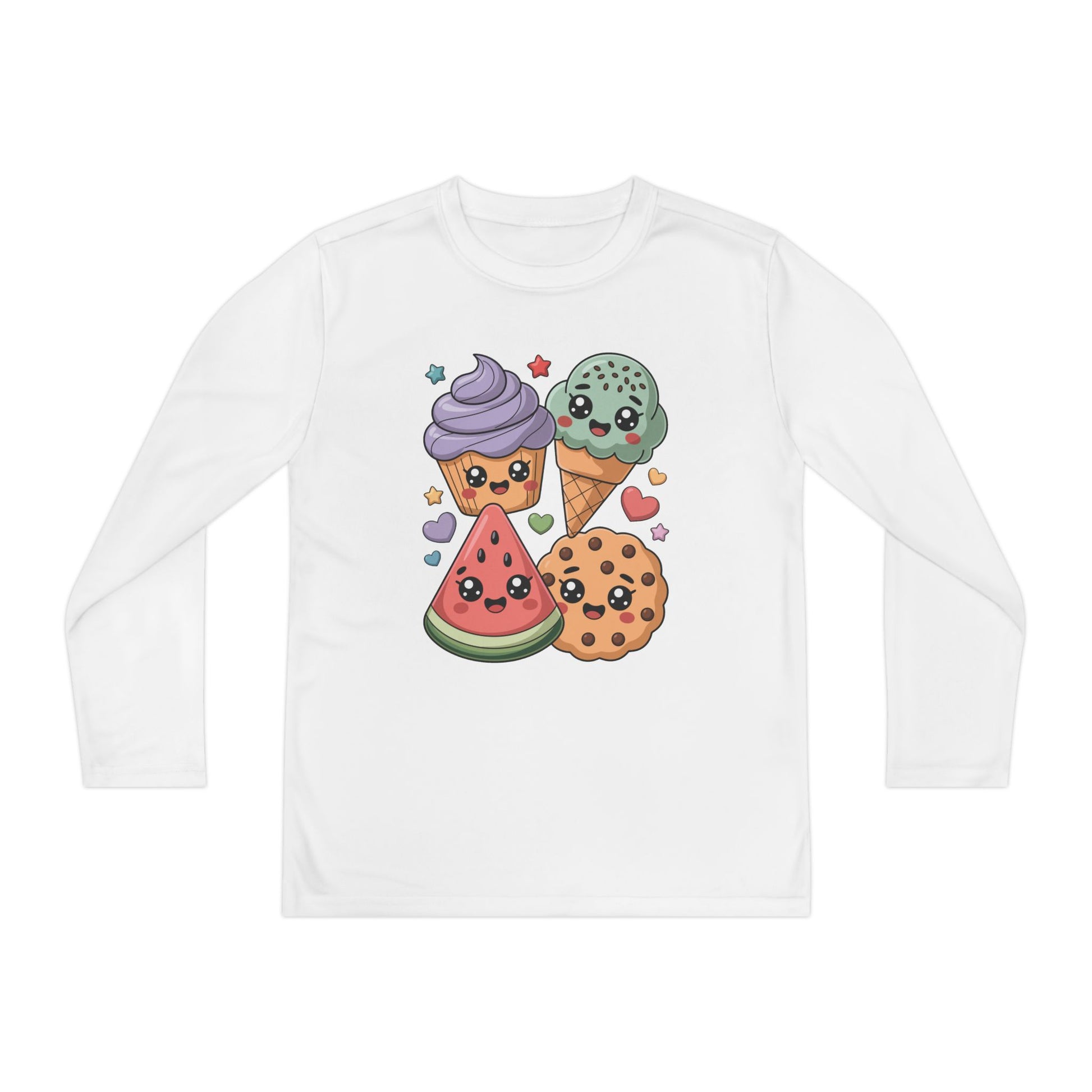 Kids Long Sleeve Tee — Cute Kawaii Snacks: Ice Cream, Cookie & Watermelon Design TEEZOCA