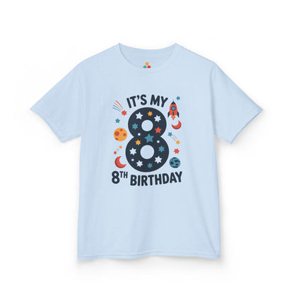 “Light blue ‘It’s My 8th Birthday’ space rocket shirt with planets and stars around the number 8, children’s birthday tee, front view.”

