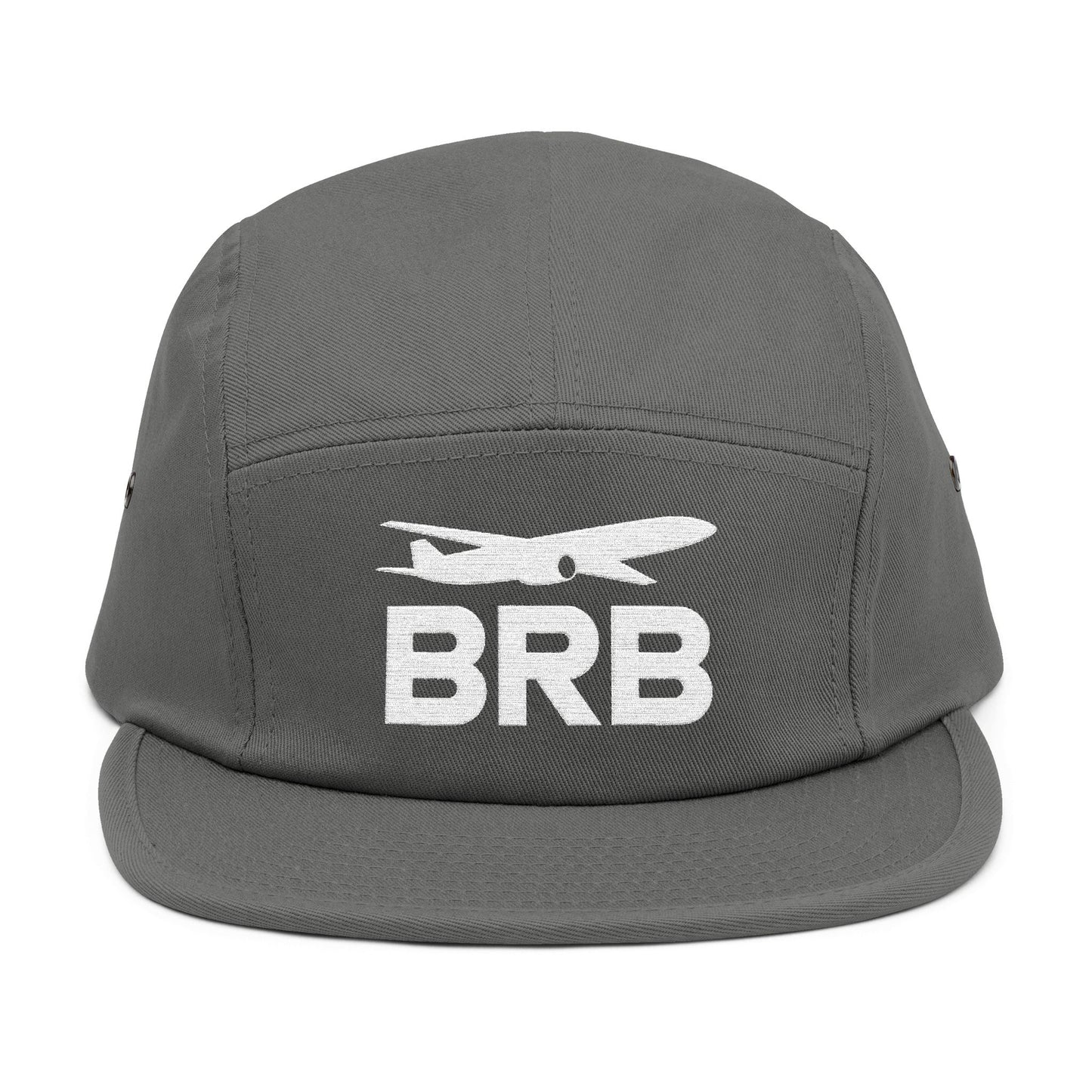 Gray cap with 'BRB' and airplane icon on a white background. Minimalist BRB airplane embroidered design for 5-panel cap by TEEZOCA