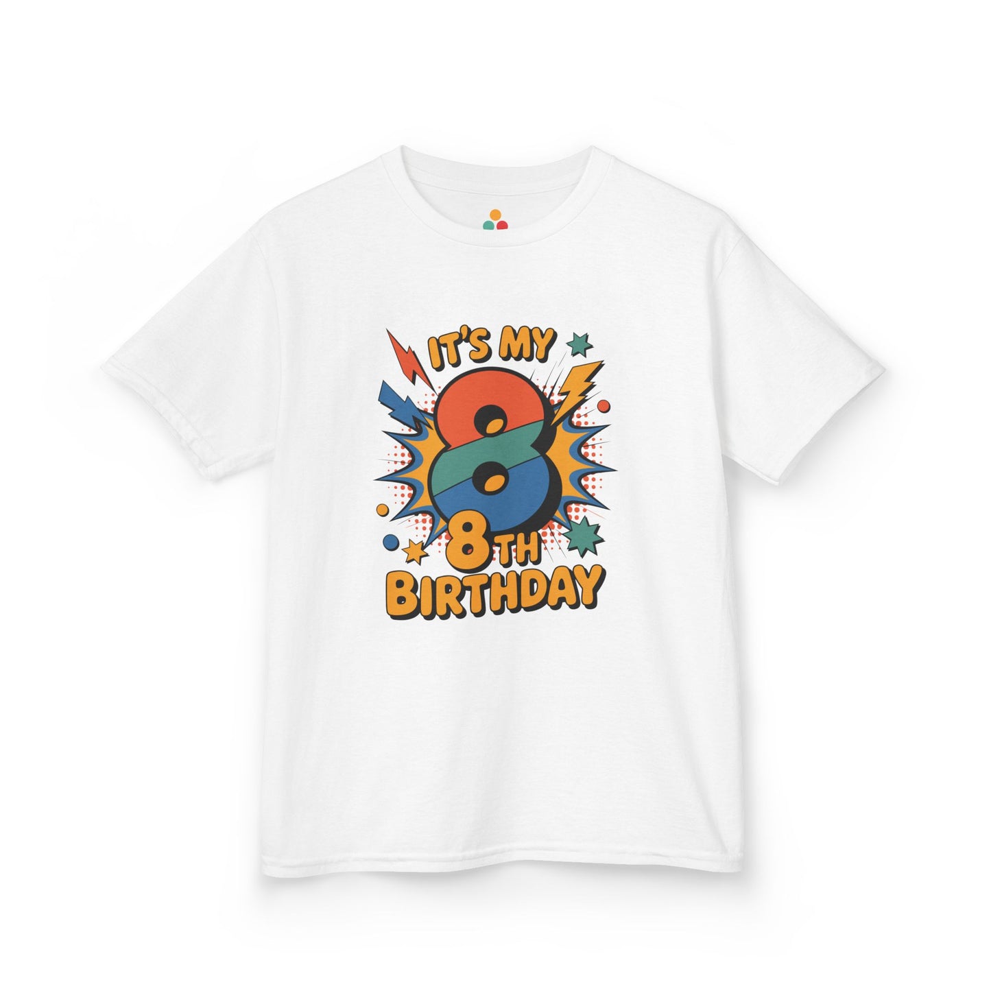 “White ‘It’s My 8th Birthday’ t‑shirt with multicolor comic‑style number 8, lightning bolts and stars, kids pop‑art birthday design, flat front view.”


