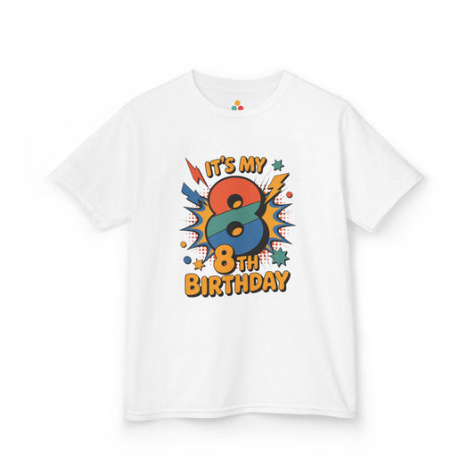 “White ‘It’s My 8th Birthday’ t‑shirt with multicolor comic‑style number 8, lightning bolts and stars, kids pop‑art birthday design, flat front view.”

