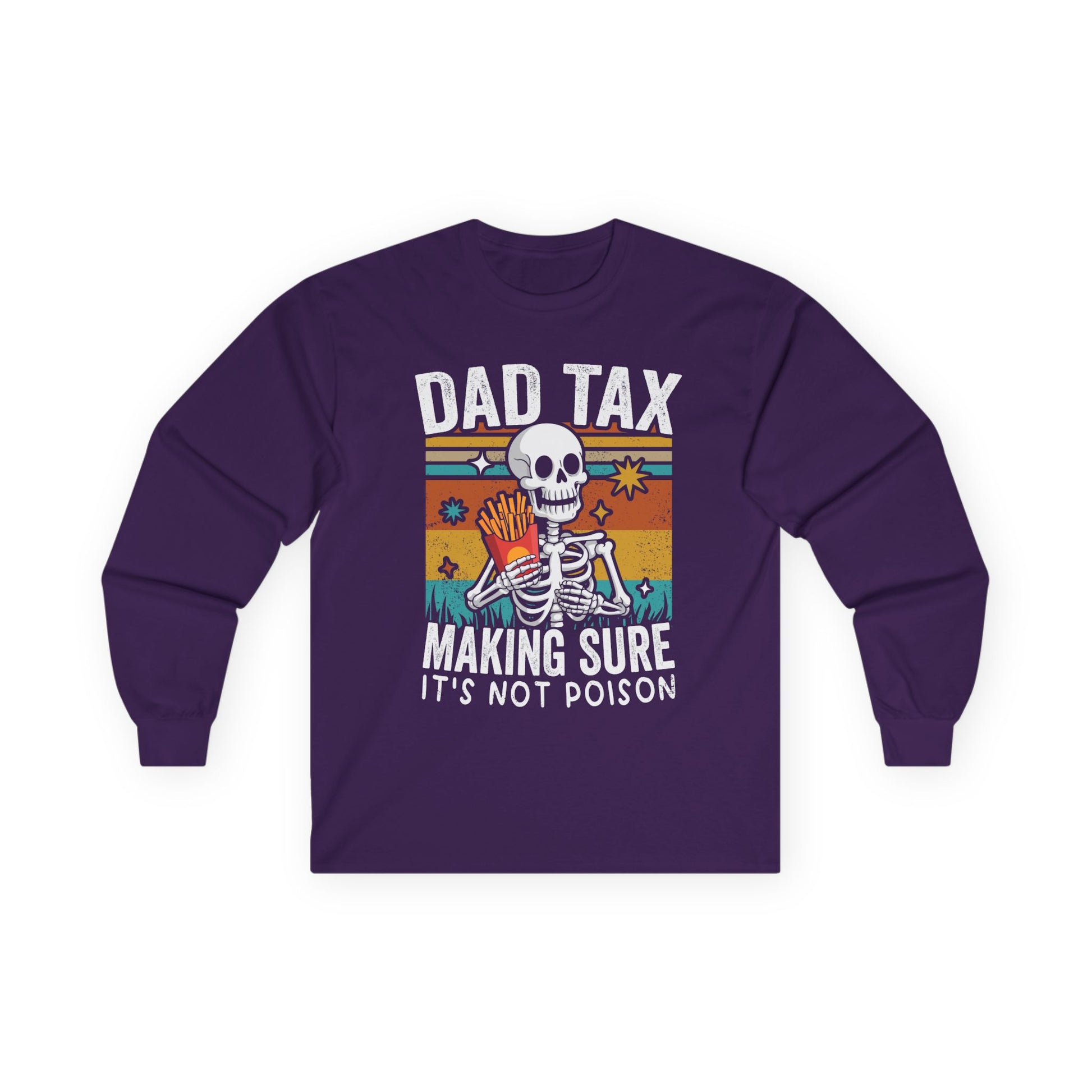 Purple long-sleeve shirt with a skeleton graphic and text on a white background