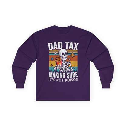 Purple long-sleeve shirt with a skeleton graphic and text on a white background