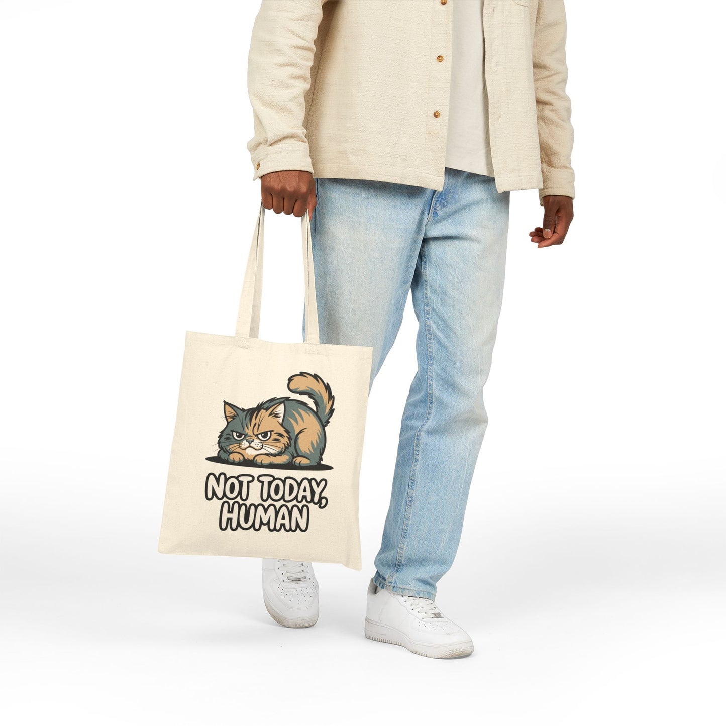 Funny sarcastic cat design reading Not Today Human on a TEEZOCA tote bag