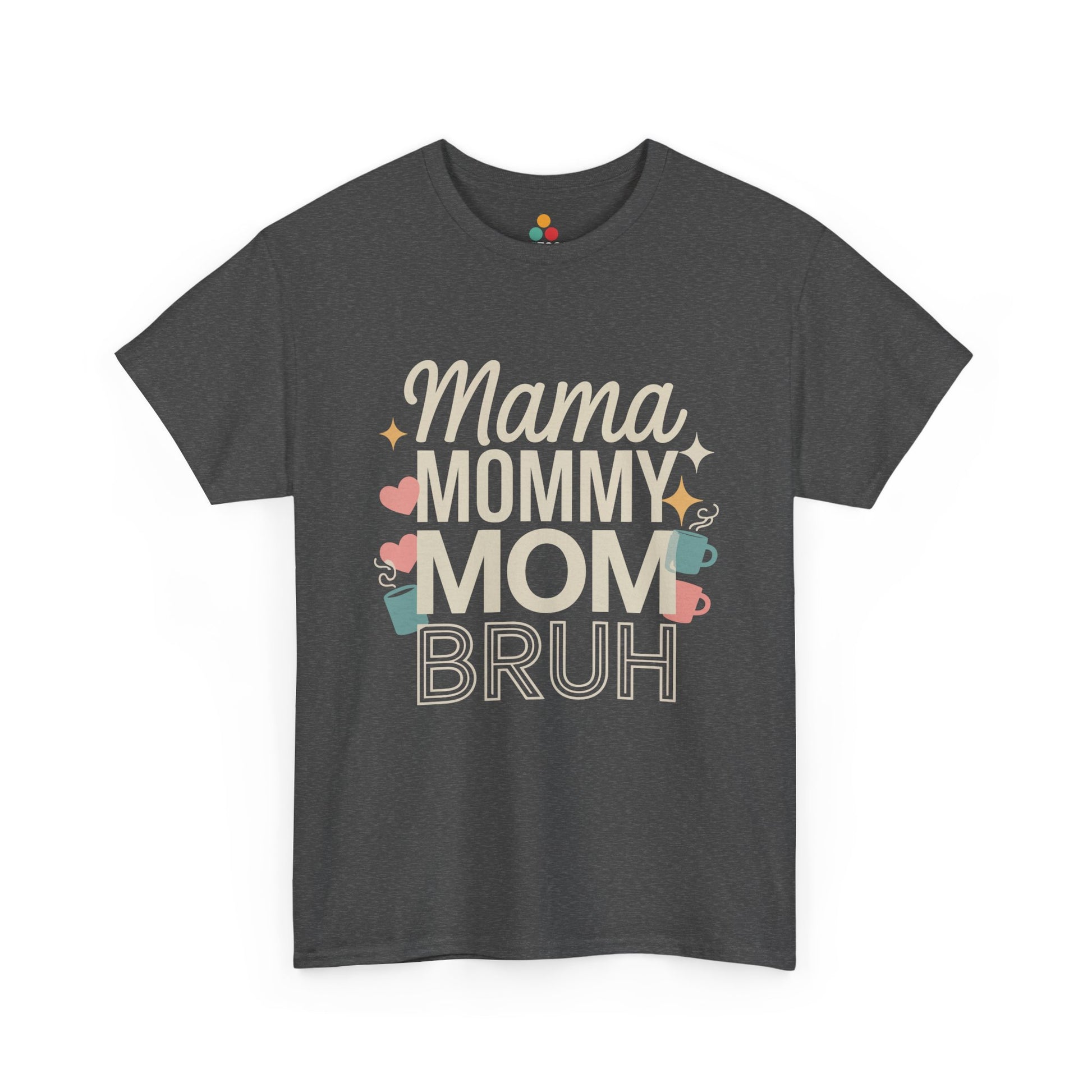 TEEZOCA dark gray "Mama Mommy Mom Bruh" retro mom graphic t‑shirt shown flat.