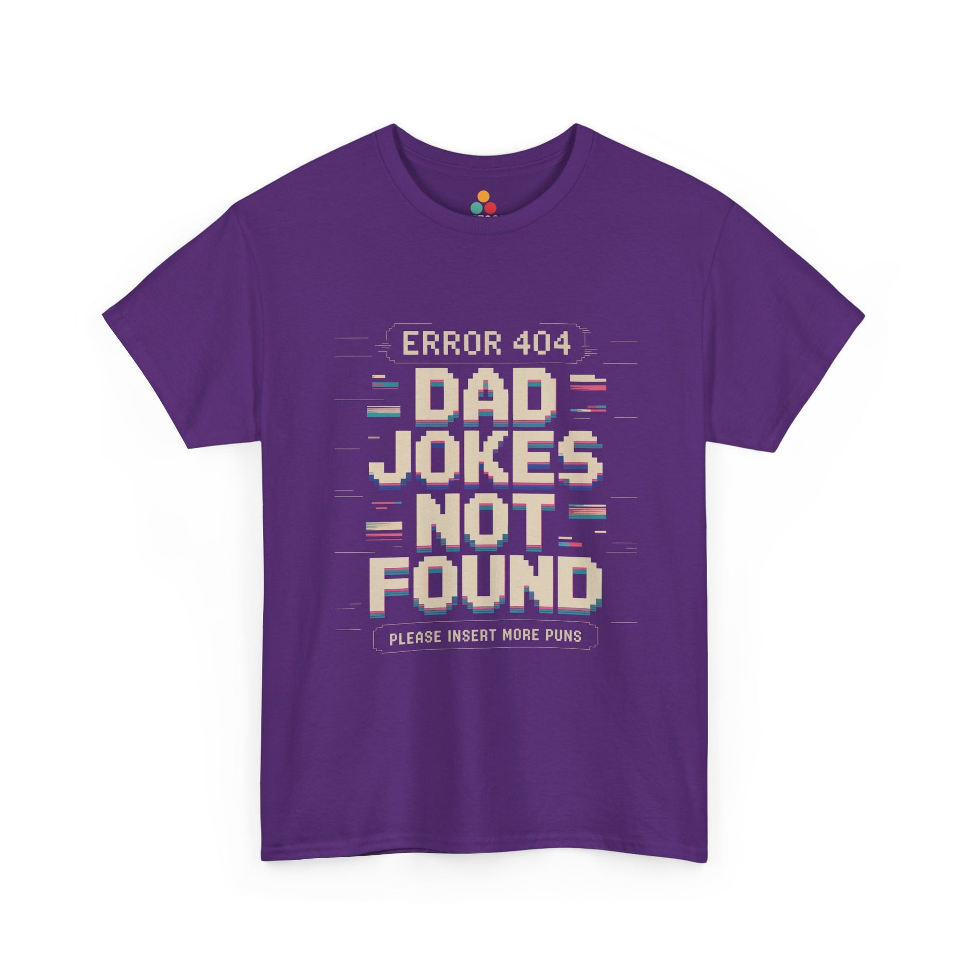 TEEZOCA purple “Error 404 Dad Jokes Not Found” novelty dad joke T‑shirt displayed on a plain background.