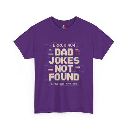 TEEZOCA purple “Error 404 Dad Jokes Not Found” novelty dad joke T‑shirt displayed on a plain background.