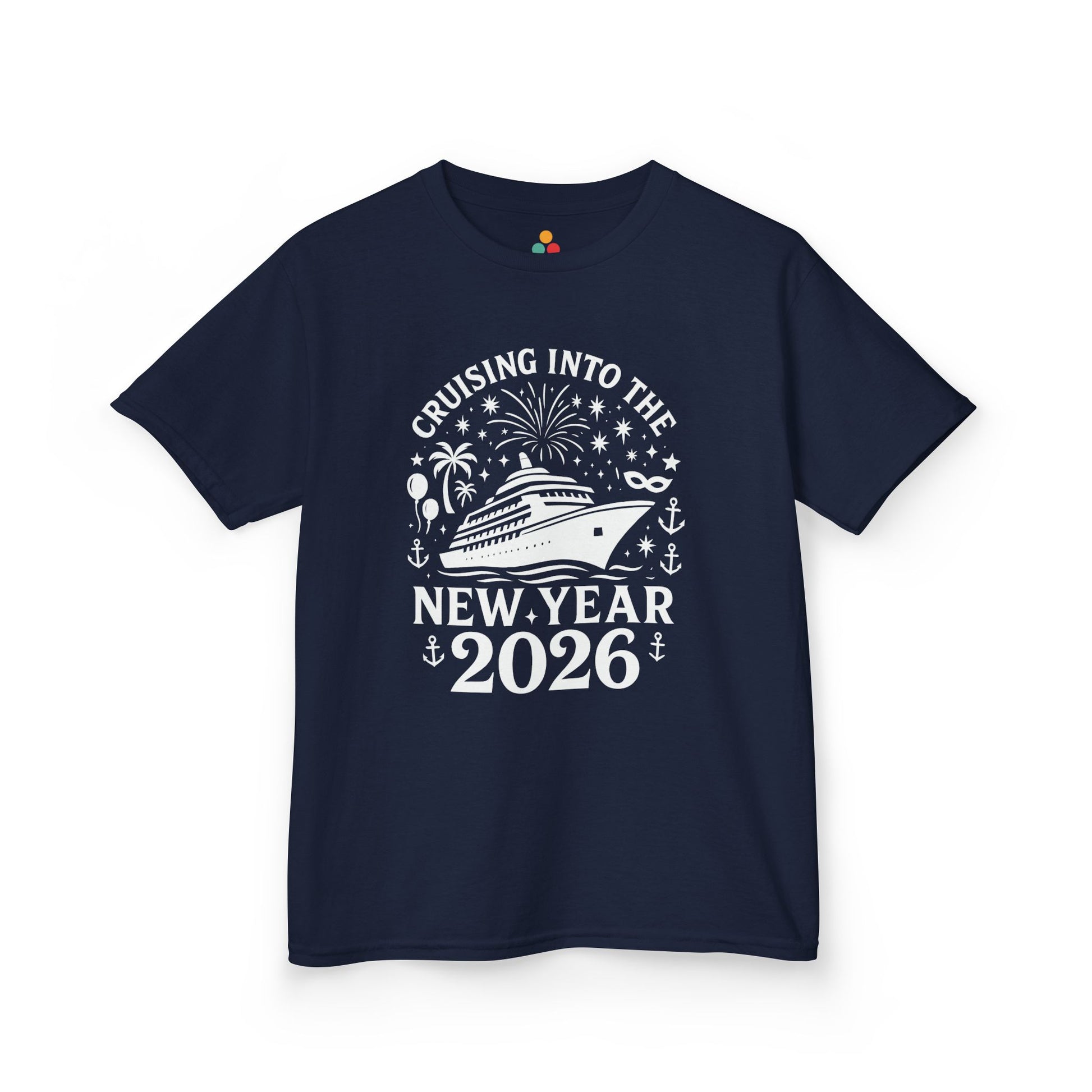 Navy blue t-shirt with 'Cruising into the New Year 2026' design on a white background
