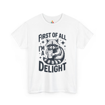 TEEZOCA white “First Of All I’m A Delight” coffee raccoon t‑shirt shown flat.