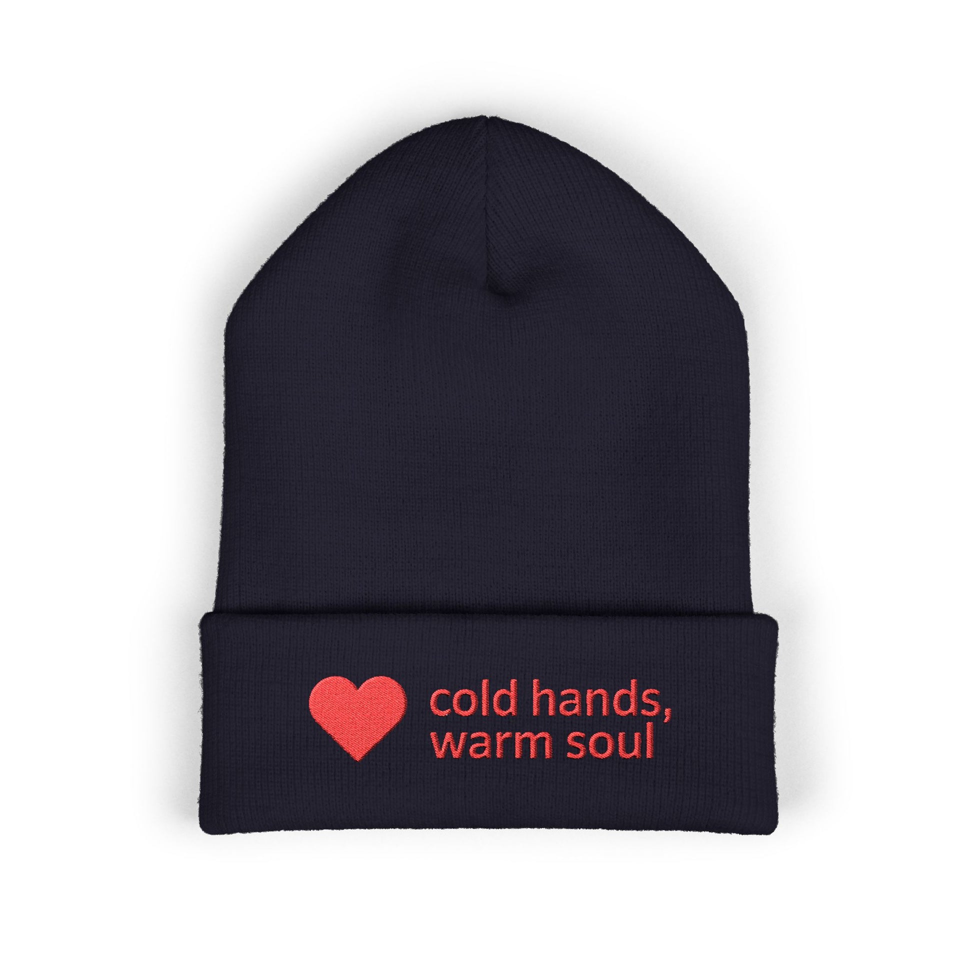 Cozy cuffed winter beanie featuring a small heart and warm soul embroidery