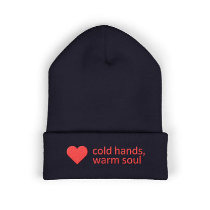Cozy cuffed winter beanie featuring a small heart and warm soul embroidery