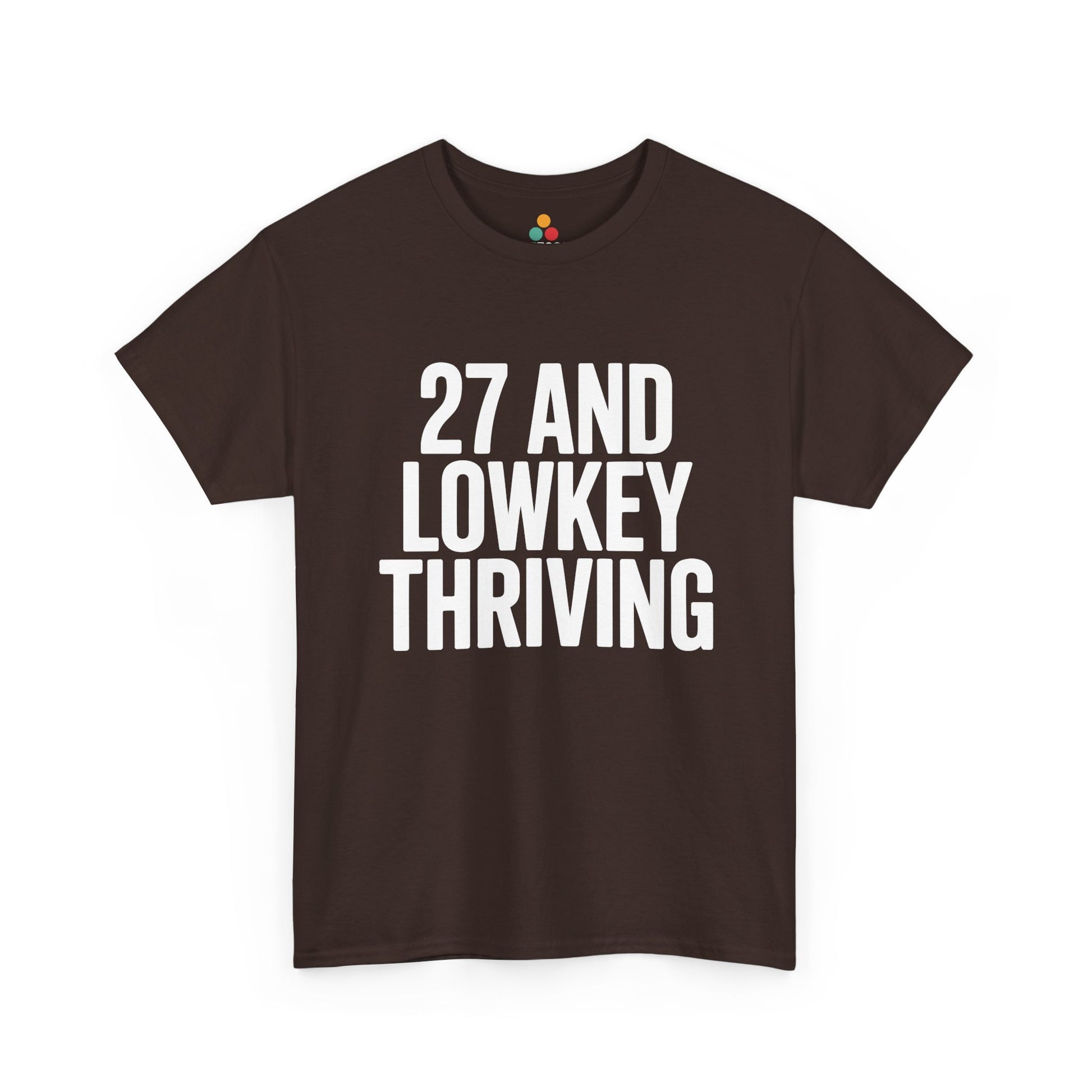 Brown t-shirt with white text '27 AND LOWKEY THRIVING' on a white background