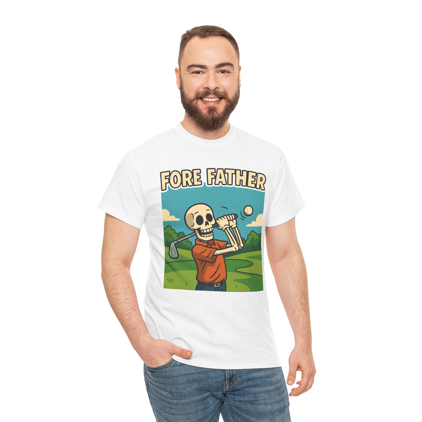“Man wearing white ‘Fore Father’ skeleton golf dad t‑shirt, front view.”

