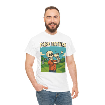 “Man wearing white ‘Fore Father’ skeleton golf dad t‑shirt, front view.”


