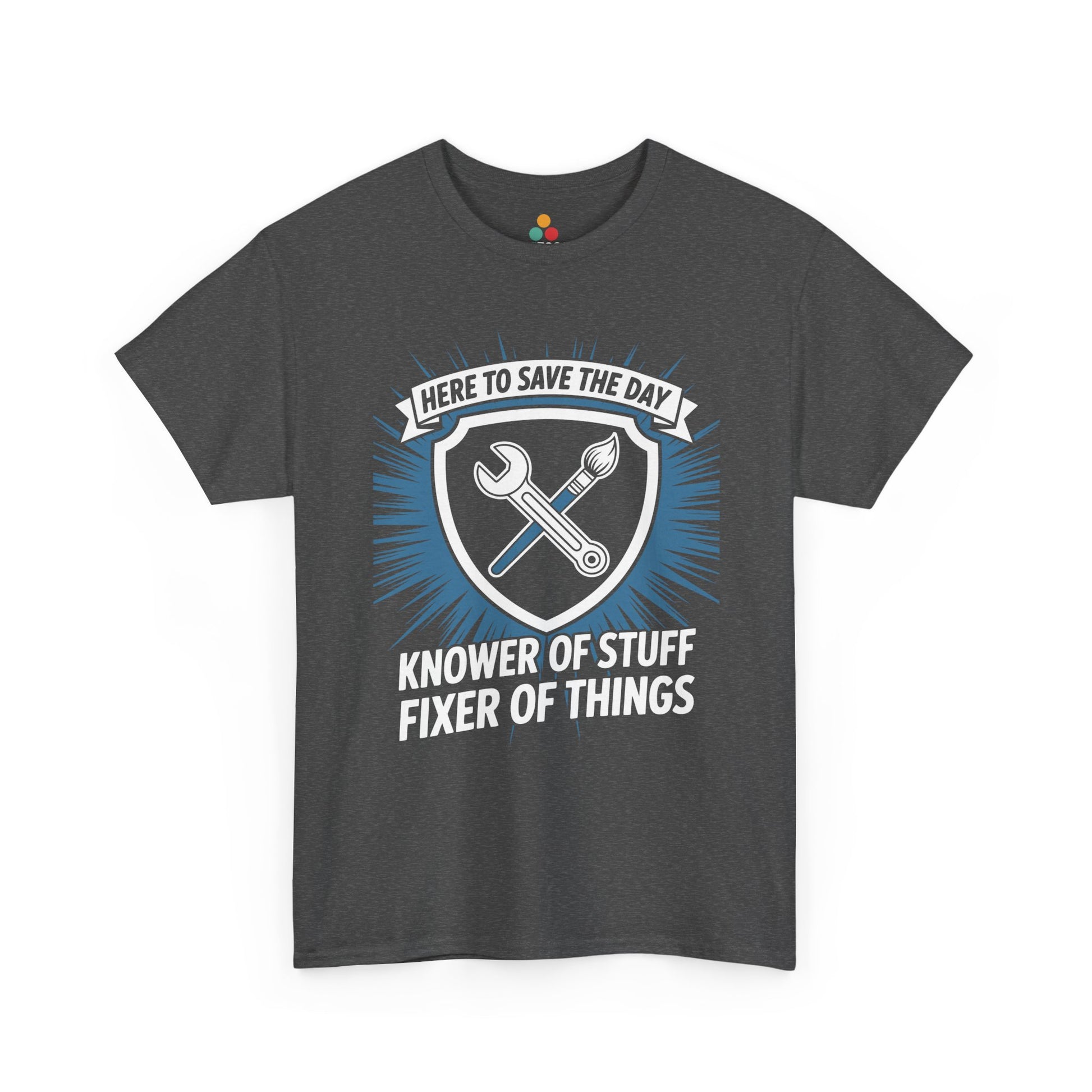TEEZOCA heather gray “Knower Of Stuff Fixer Of Things” fixer humor t‑shirt mockup.
