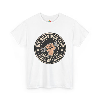 Teezoca Funyy Dad Gift White t-shirt with 'DIY Survivor Club' graphic on a white background
