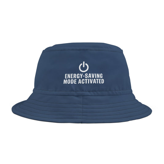 Funny navy blue bucket hat with 'Energy-Saving Mode Activated' text on a white background. TEEZOCA
