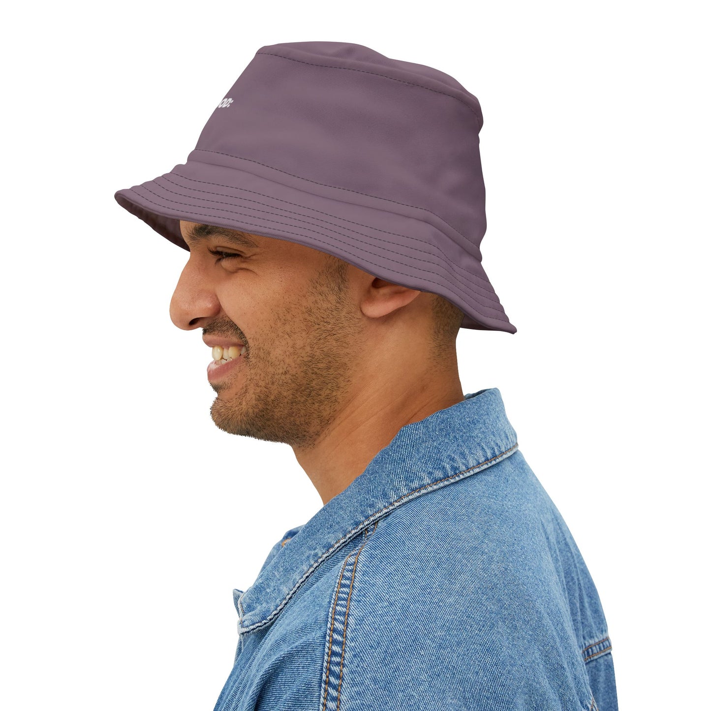 Funny purple bucket hat with 'CURRENT MOOD: MEH.' text on a white background. TEEZOCA