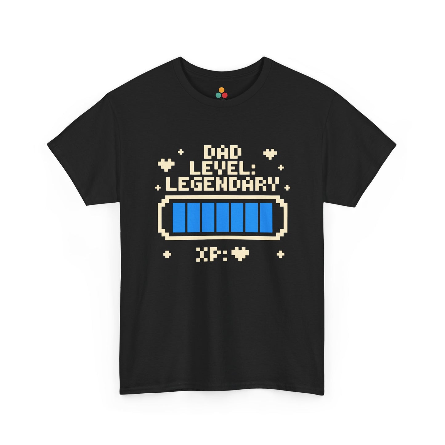 TEEZOCA black “Dad Level Legendary” pixel XP bar gamer dad T‑shirt shown flat.
