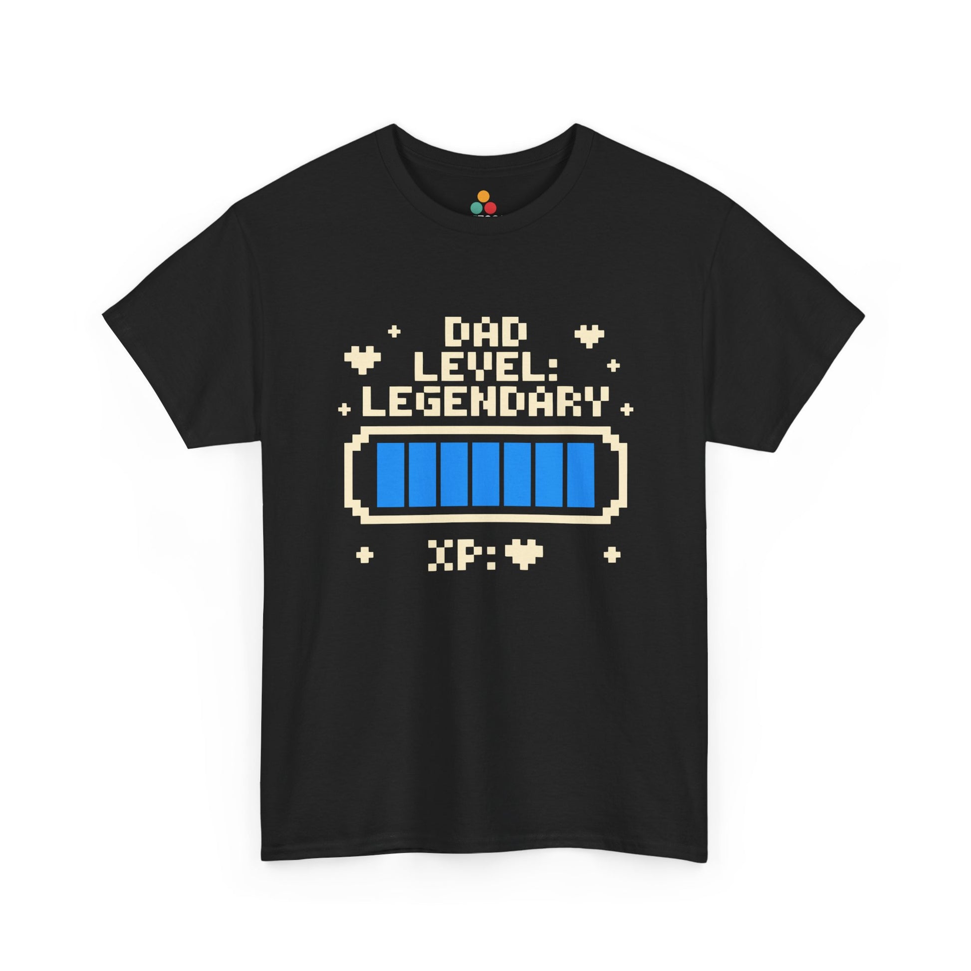 TEEZOCA black “Dad Level Legendary” pixel XP bar gamer dad T‑shirt shown flat.