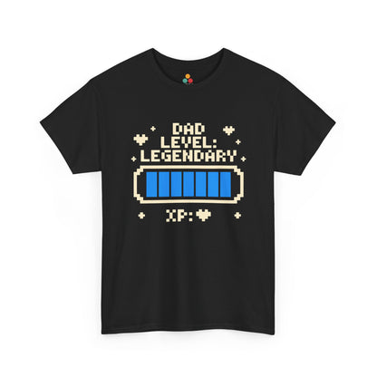 TEEZOCA black “Dad Level Legendary” pixel XP bar gamer dad T‑shirt shown flat.