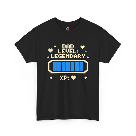 TEEZOCA black “Dad Level Legendary” pixel XP bar gamer dad T‑shirt shown flat.