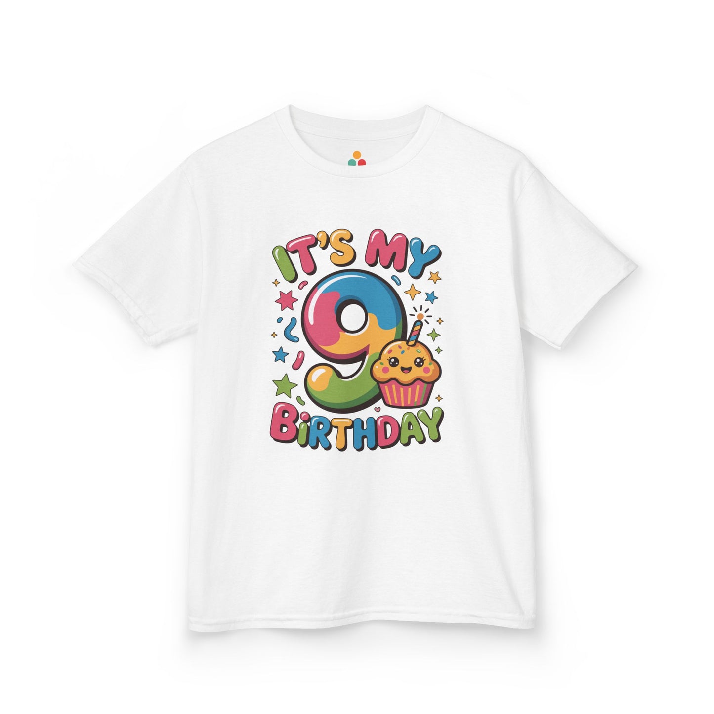 “White ‘It’s My 9th Birthday’ t-shirt with rainbow number 9, cute smiling cupcake and colorful stars, kids birthday design, flat front view.”

