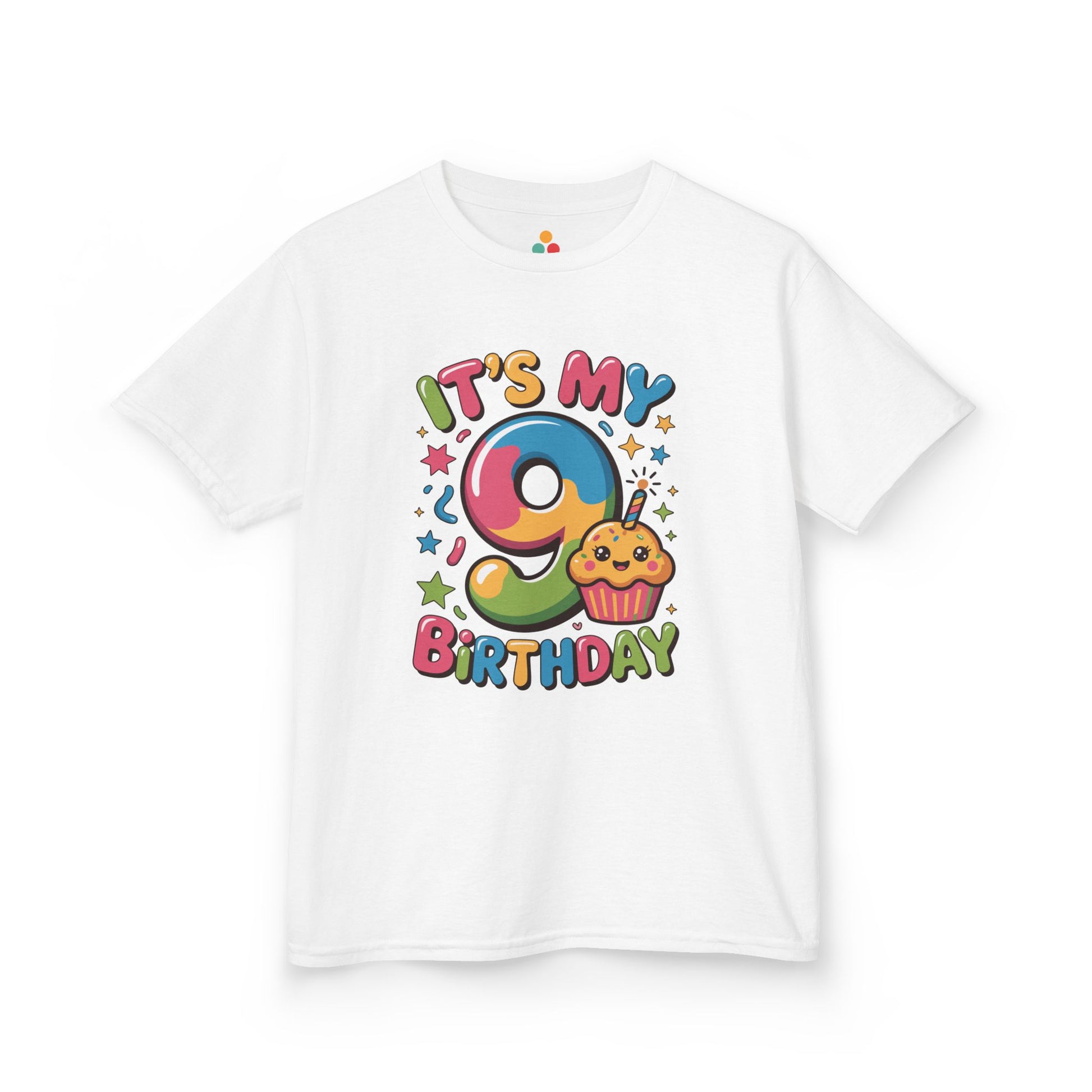 “White ‘It’s My 9th Birthday’ t-shirt with rainbow number 9, cute smiling cupcake and colorful stars, kids birthday design, flat front view.”


